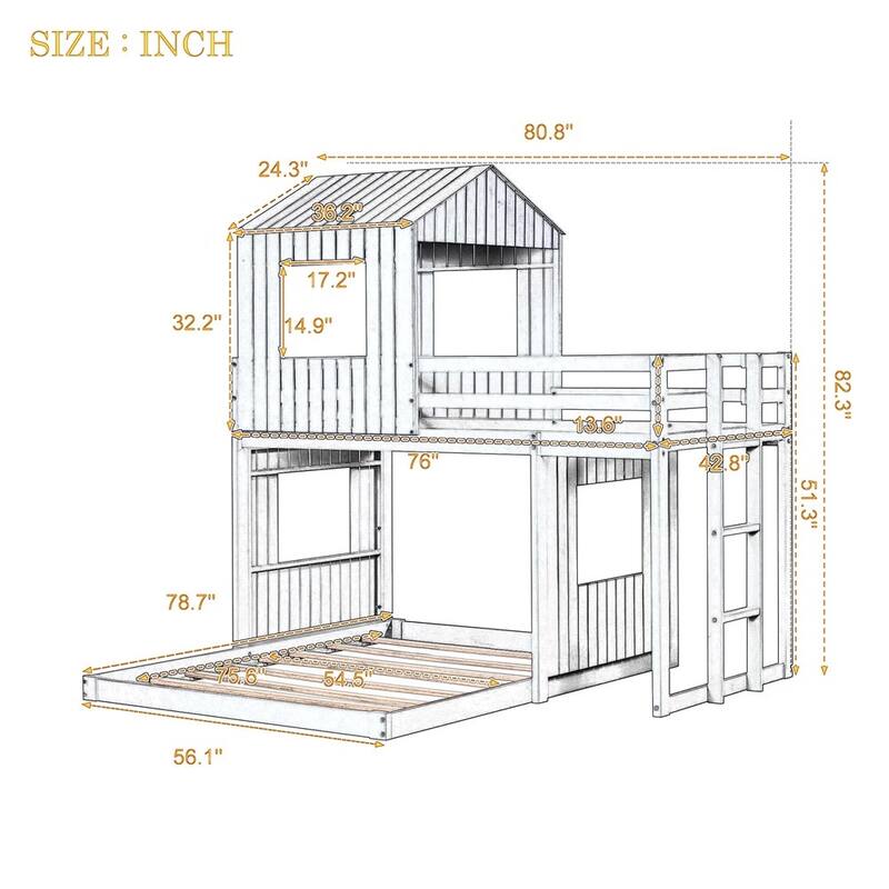 Merax Wooden Twin over Full Bunk Bed with Playhouse, Farmhouse, Ladder and Guardrails