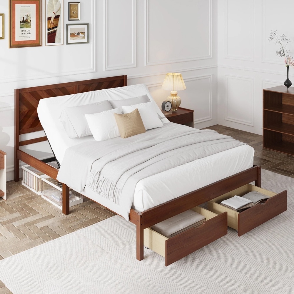 Solid Wood Adjustable Bed Storage Drawers Capacity Queen Adjustable