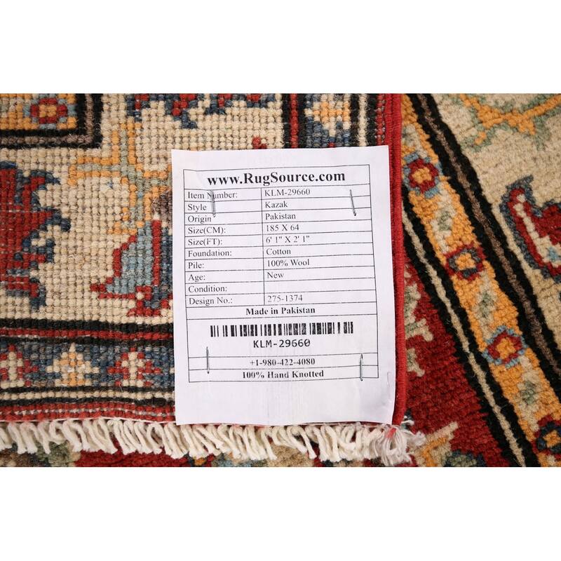 Red Kazak Runner Rug Hand-Knotted Hallway Wool Carpet - 2'1" x 6'1"