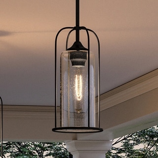Luxury Farmhouse Outdoor Pendant, 15.375"H x 7.5"W, with Industrial Luxe Style, Midnight Black, BWP1303 by Urban Ambiance