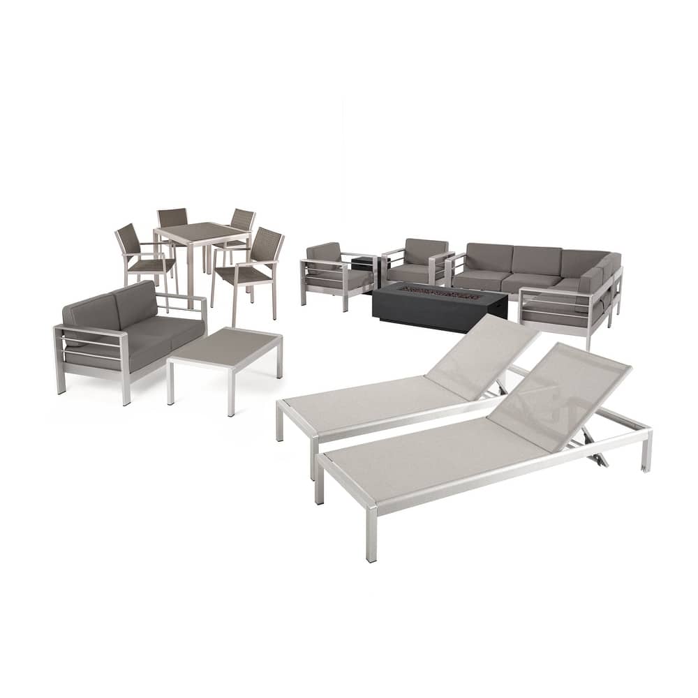 Cape Coral Outdoor 16 Piece Aluminum Estate Collection with Cushions and Fire Pit by Christopher Knight Home