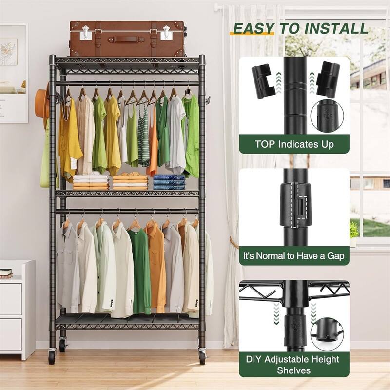 3 Tiers Rolling Garment Rack for Hanging Clothes - 17.71"D x 29.53"W x 72.83"H