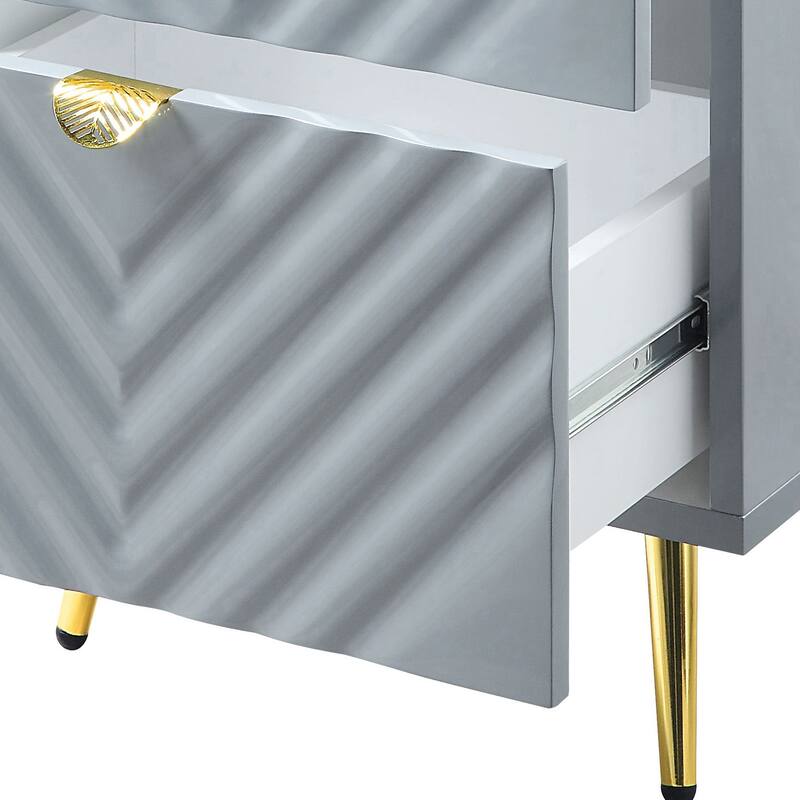 Grey High Gloss 2-Drawer Nightstand with Wave Design and Metal Legs