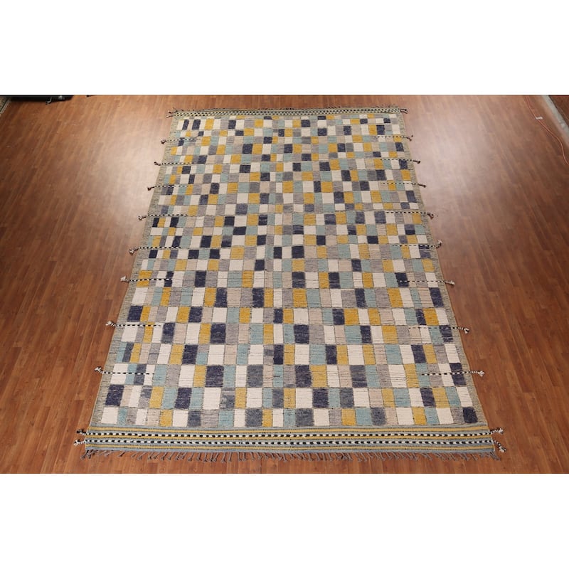 All-Over Checkered Moroccan Large Modern Area Rug Handmade Wool Carpet - 9'9"x 15'1"