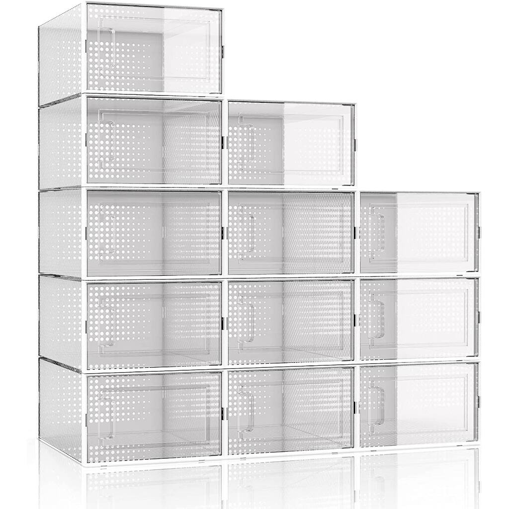 Foldable Shoe Box, Stackable Clear Shoe Storage Box - Storage Bins Shoe Container Organizer, 12 Pack,Gray