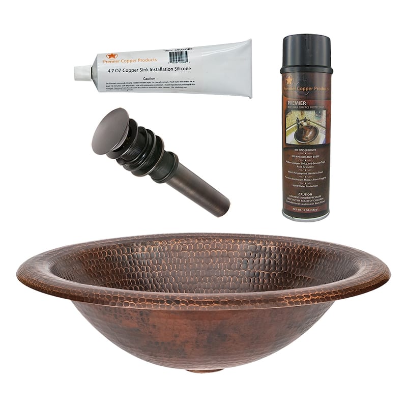 18" Wide Rim Oval Self Rimming Hammered Copper Bathroom Sink, Matching Drain and Accessories