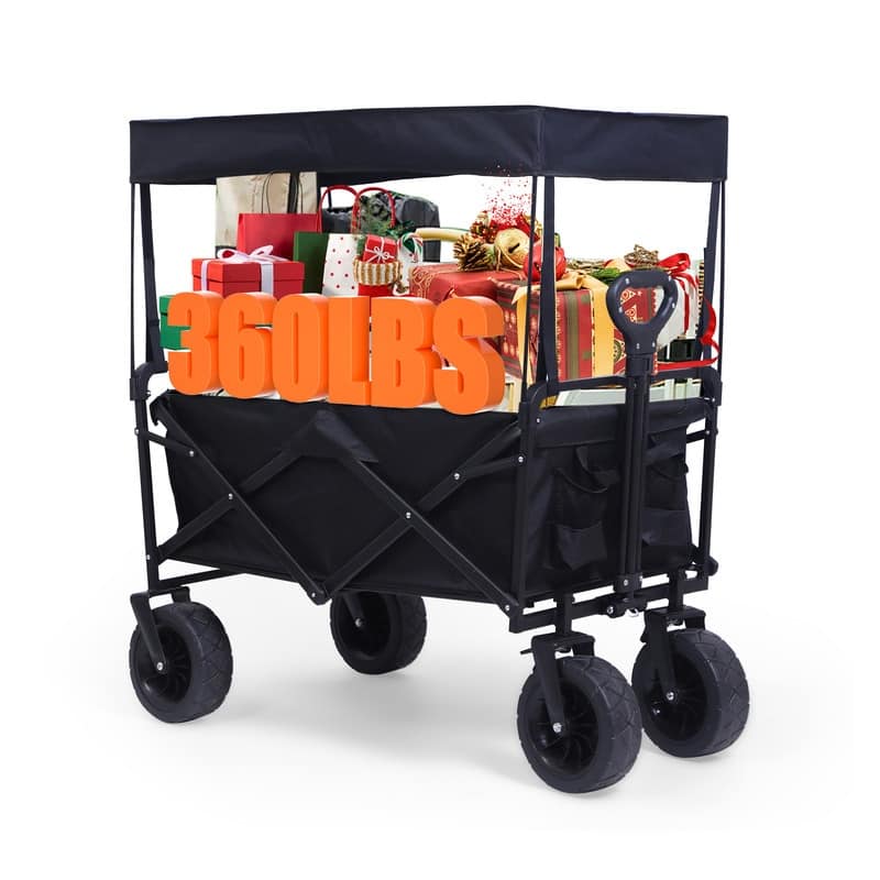 Collapsible Wagon, Garden Cart, Beach Wagon, Foldable Wagon Cart with Removable Canopy Shade, Camping, Utility Tailgates (Black)