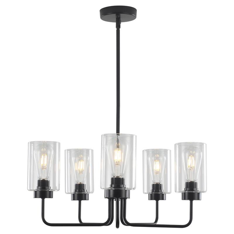 22" wide 5-light Glass Chandelier, Industrial Farmhouse Ceiling Light with Glass Lampshade for Living room, Dining room, Kitchen