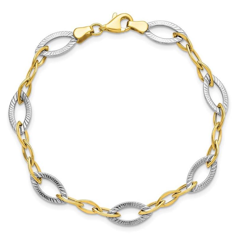 Curata 10k Two Tone Gold 7.5" 8mm Textured Ribbed Marquise Links Bracelet