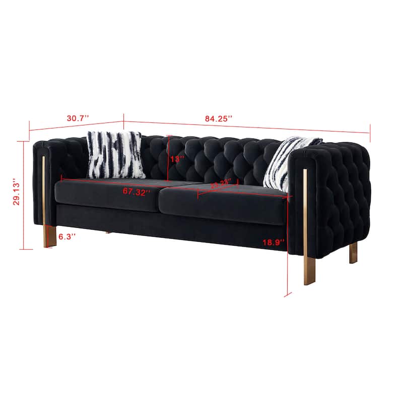 Chesterfield Tufted Velvet Couch with Gold Legs, Includes 2 Toss Pillows for Living Room