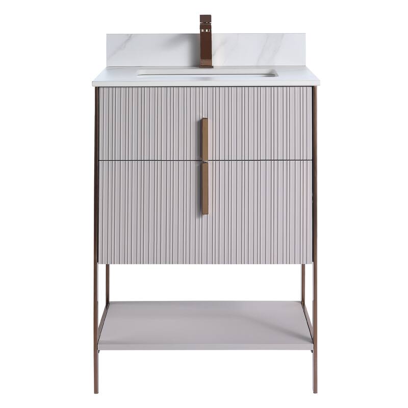 Fine Fixtures Serenity Modern Bathroom Vanity with White Carrara Stone Top - Black Matte - Brass Hardware - 24 inch