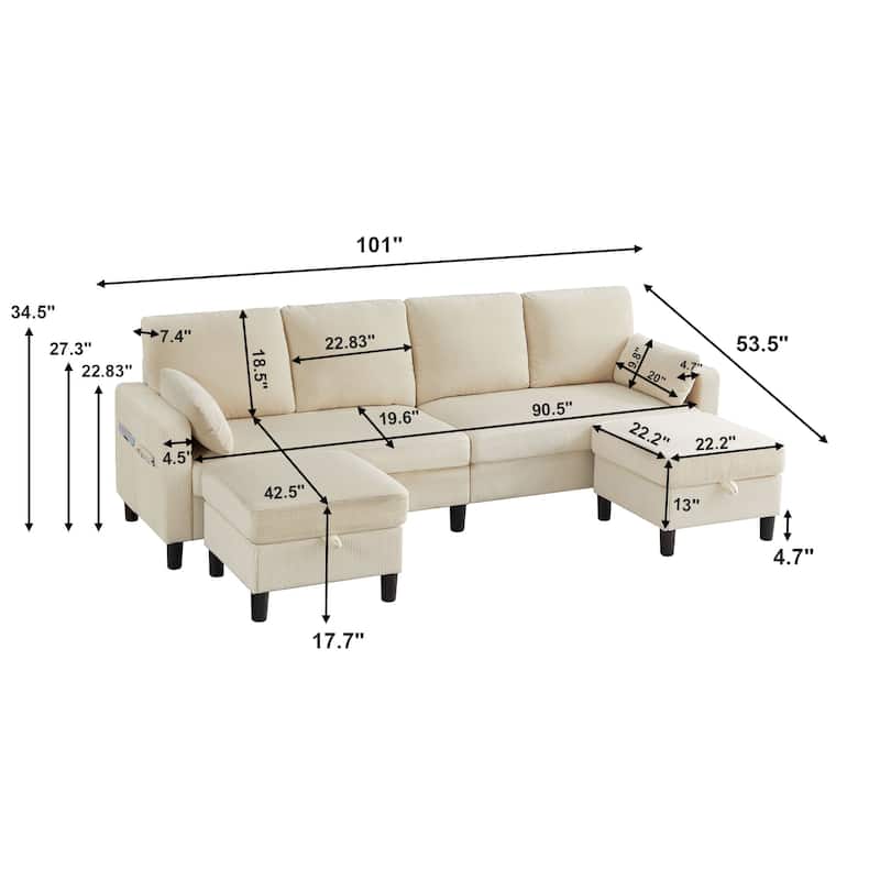 101'' Corduroy Upholstered Sectional Sofa With Storage Ottoman