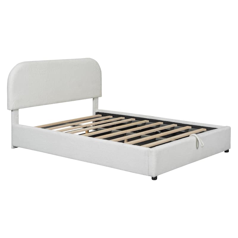 Full Size White Teddy Fleece Upholstered Platform Bed with Hydraulic Storage System Durable MDF Frame