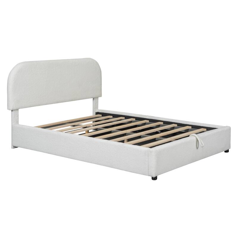 Luxury Teddy Fleece Fabric Bed Frame with Lift Up Storage, Upholstered Platform Bed Frame with Hydraulic Storage System