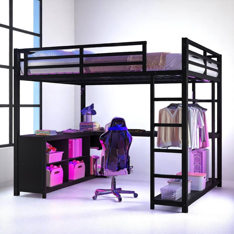 Full/Queen Metal Loft Bed with L-Shaped Desk, Wardrobe, Storage Shelves & Guardrails for Teens and Adults - Black - Queen