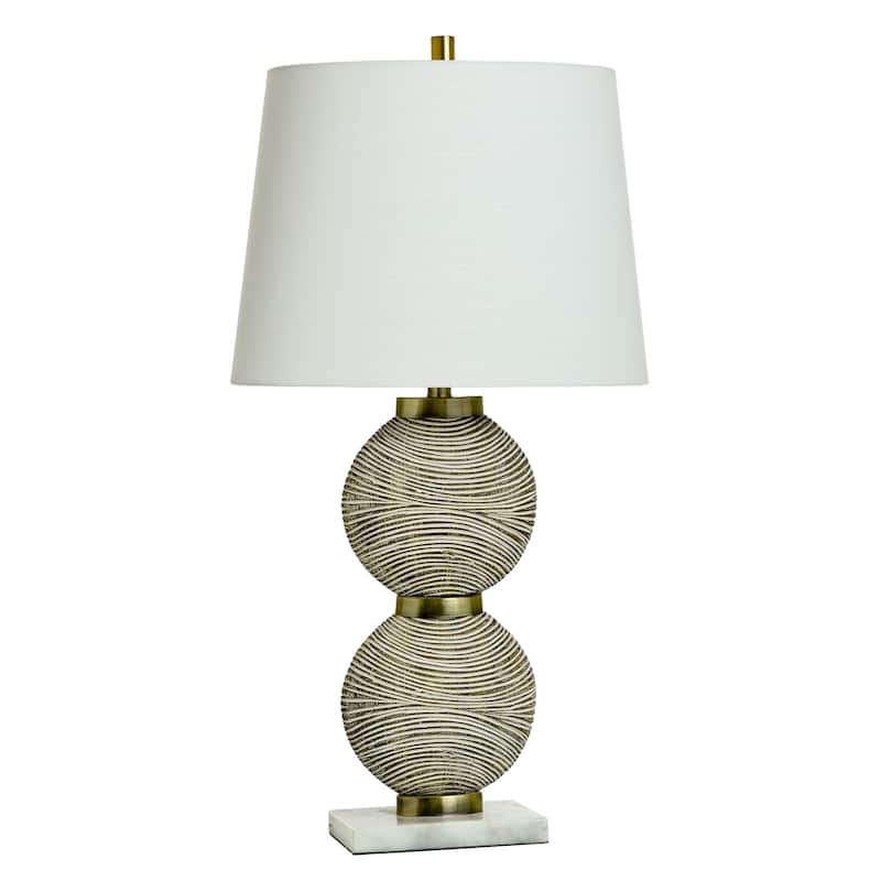 Shallows Brass Table Lamp - Polyresin Double Circle Cream Striped - White Shade - Cream and Brown, White, Brushed Brass