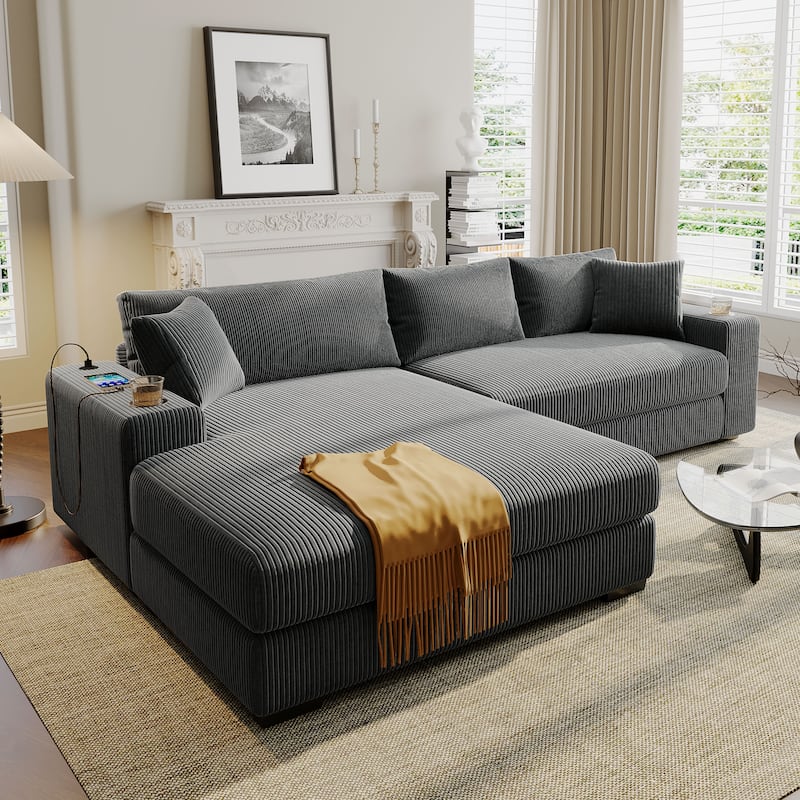 111.5" Corduroy Sectional Sofa Oversized 3 Seat L Shaped Sofa with 2 Built-in Cup Holders and Charging Ports - Grey