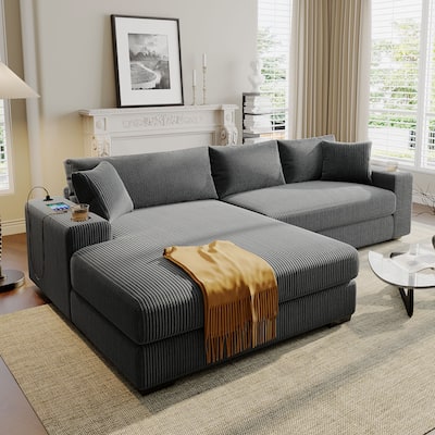 111.5" Corduroy Sectional Sofa Oversized 3 Seat L Shaped Sofa with 2 Built-in Cup Holders and Charging Ports
