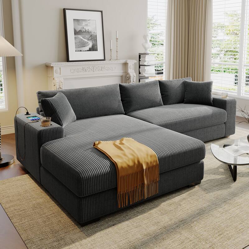 Deep Seat Sleeper Sofa Sectional Sofa Bed Built-in Cup Holders, Charging Ports