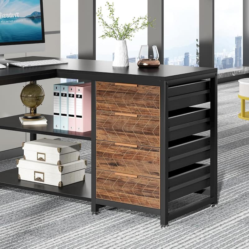 59"L-Shaped Computer Desk with Drawers and Shelves, Reversible Corner Office Desk Workstation, Writing Table with File Cabinets