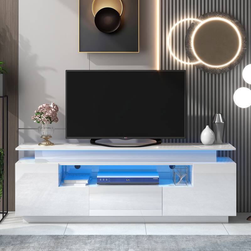 High Gloss UV Veneer TV Console RGB LED Lights TV Stand with 1 Drawer&1
