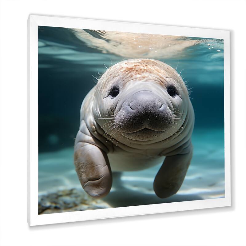 Designart "Curious Manatee Gaze III" Manatee Wall Decor Blue Modern Entryway Framed Wall Art