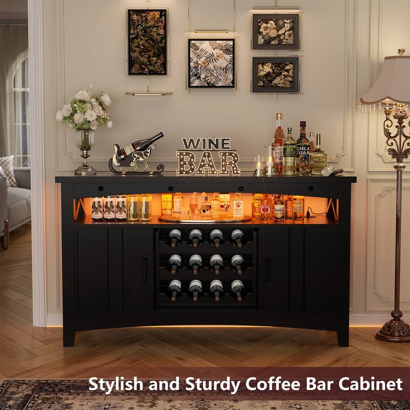 Farmhouse 47" Wine Bar Cabinet with Power Outlets & LED Lights, Industrial Coffee Bar Liquor Cabinet with Shelves & Wine Rack