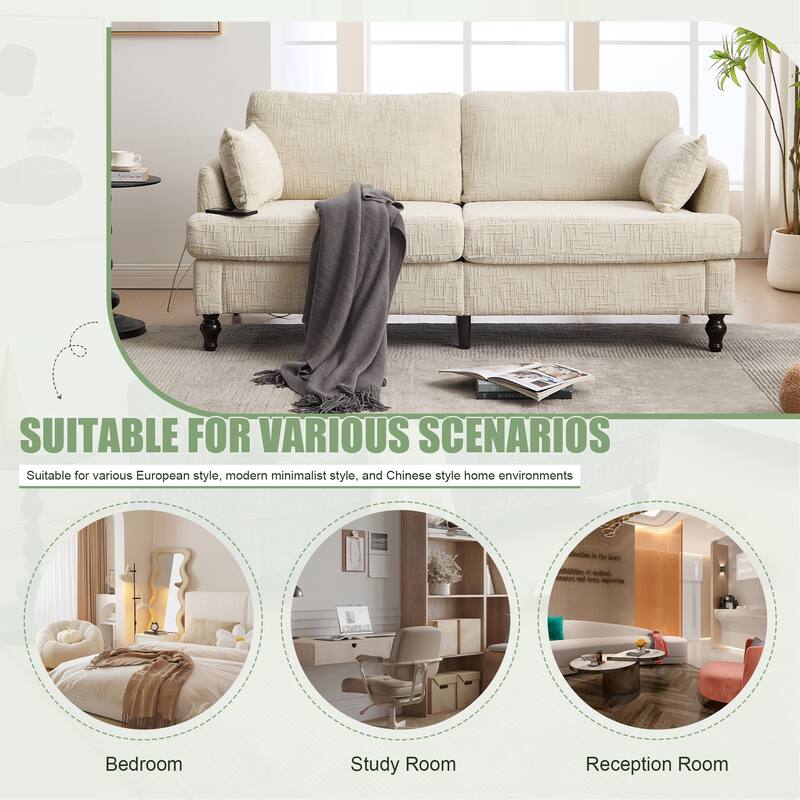 Modern Style Chenille 2-Seater Wood-Legged Sofa With Led Light, Usb Charging Port And Storage Bag Living Room Bedroom Study Room