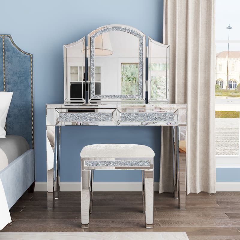 Mirror Diamond Vanity Stool with Velvet Upholstered Seat