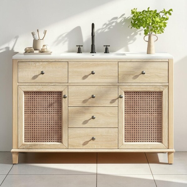 48 Inch Natural Rattan Bathroom Vanity with Ceramic Sink, 5