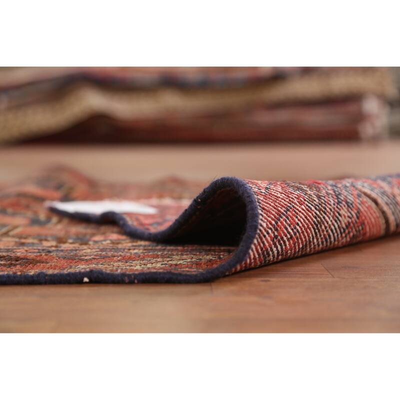 Hand Knotted Oriental 100% Wool Carpet Traditional Geometric Navy Blue & Blues Hamedan Runner Rug - 8' 9'' X 3' 8''