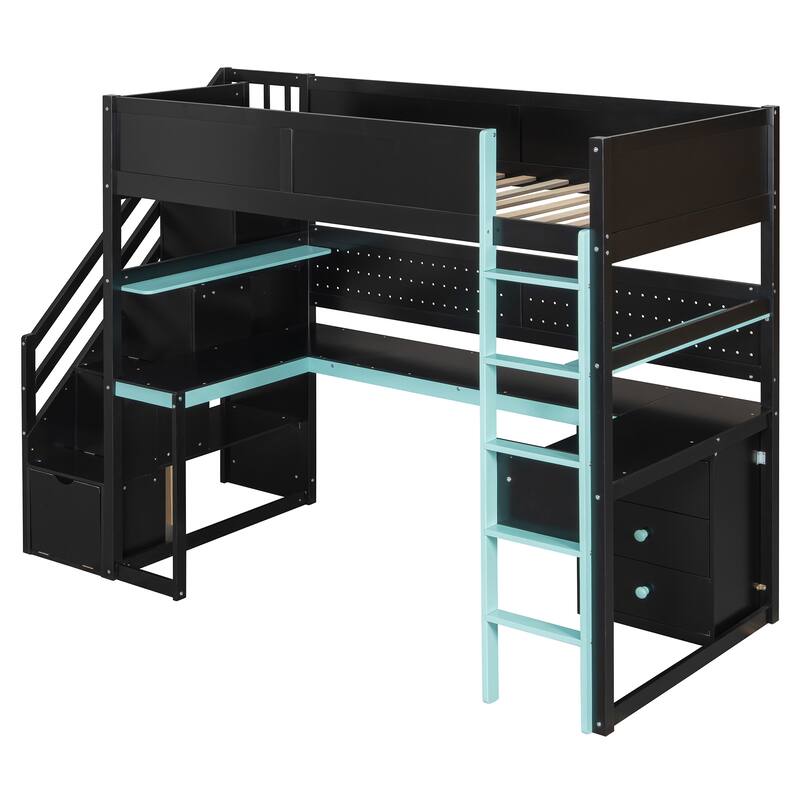 Gaming Loft Bed with Storage Stairs & Desk, Video Game Bed Wood Loft Bed Frame with Pegboard for Teens