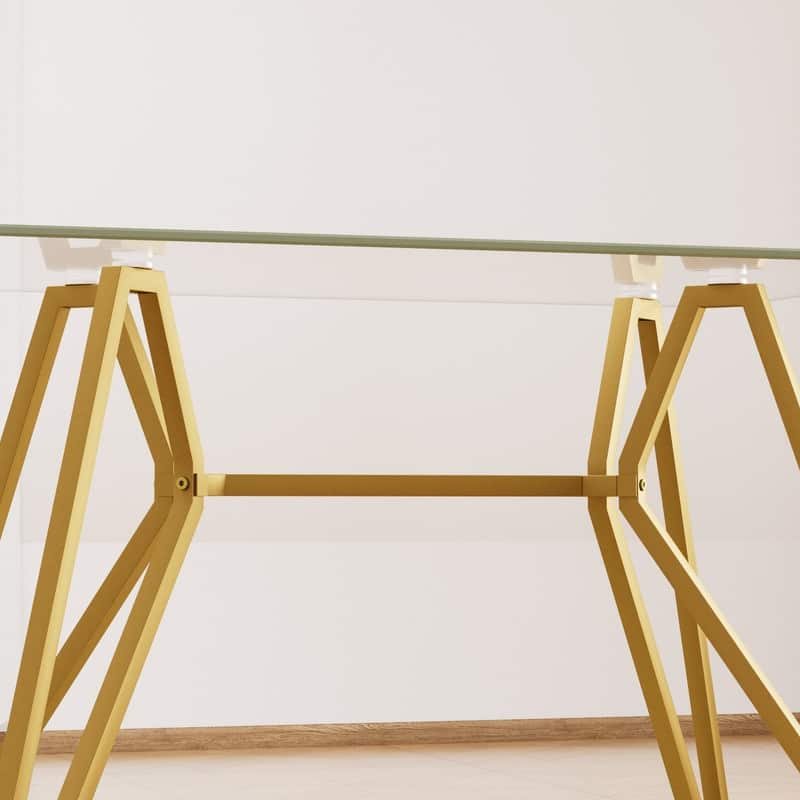Gold Modern Tempered Glass Dining Table with Metal Legs for Kitchen, Living Room