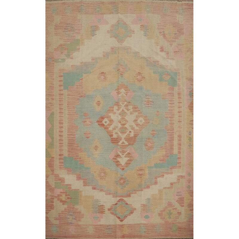 Hand Woven Oriental 100% Wool Carpet Southwestern Medallion Navy Blue & Blues Kilim Area Rug - 7' 1'' X 5' 0''