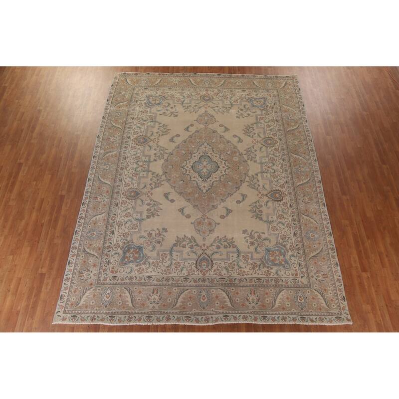 Hand Knotted Oriental 100% Wool Carpet Traditional Medallion Beige & Ivories Tabriz Area Rug - 12' 7'' X 9' 10''