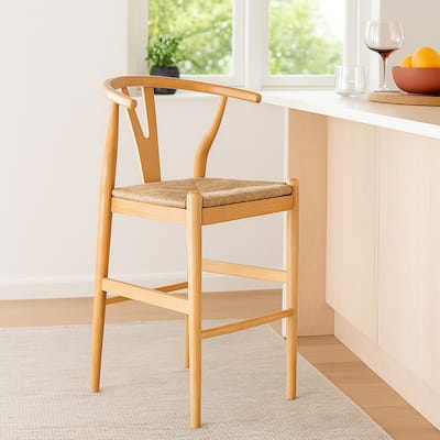 Cera Barstool Chair, Handwoven Rope Seat, Natural Brown Wood