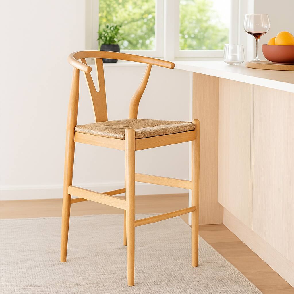 Cera Barstool Chair, Handwoven Rope Seat, Natural Brown Wood
