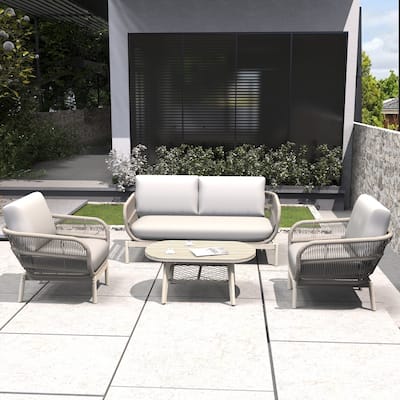 4-Piece Outdoor Acacia Wood Conversation Set with Oval Coffee Table