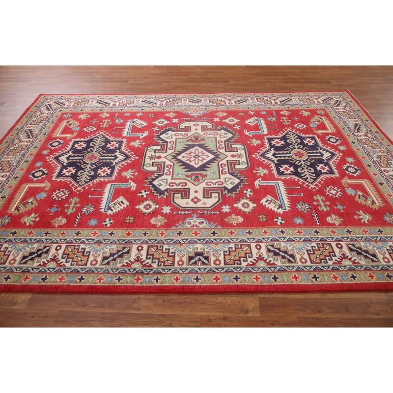 Hand Knotted Oriental 100% Wool Carpet Traditional Geometric Red Kazak Area Rug - 9' 6'' X 6' 4''