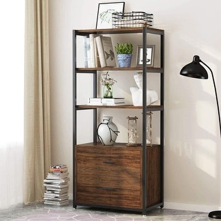 4-Tier Rustic Bookcases with 2 Drawers, Etagere Standard Book Shelves Display Shelf for Home Office