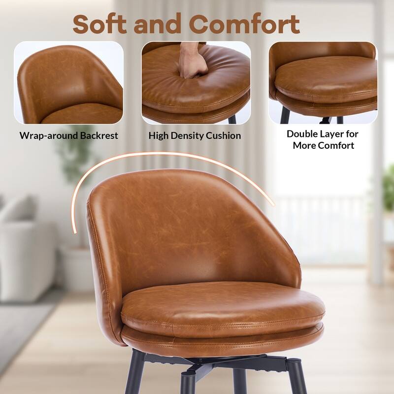 26" Swivel Leather Bar Stools Set of 2, Counter Height PU Leather / Linen Fabric Upholstered Barstool with Metal Legs