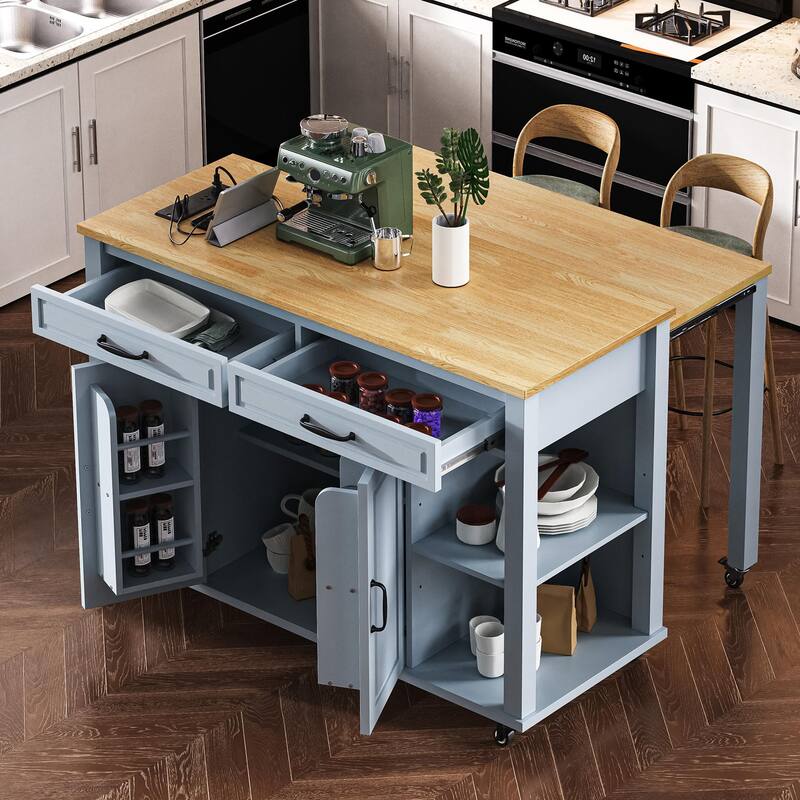 Rubber Wood Veneer Kitchen Island with Extendable Dining Table, Power Outlet - Grey Blue