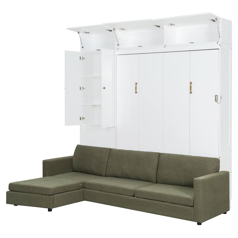 Queen Size Wall Bed with Sofa and Shelves, Space-Saving Design, White Panel, Green Sofa