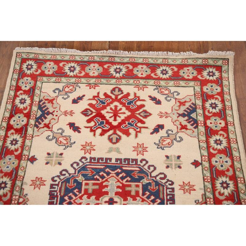 Ivory / Beige Kazak Oriental Accent Rug Hand-Knotted Wool Carpet - 3'2"x 4'8"