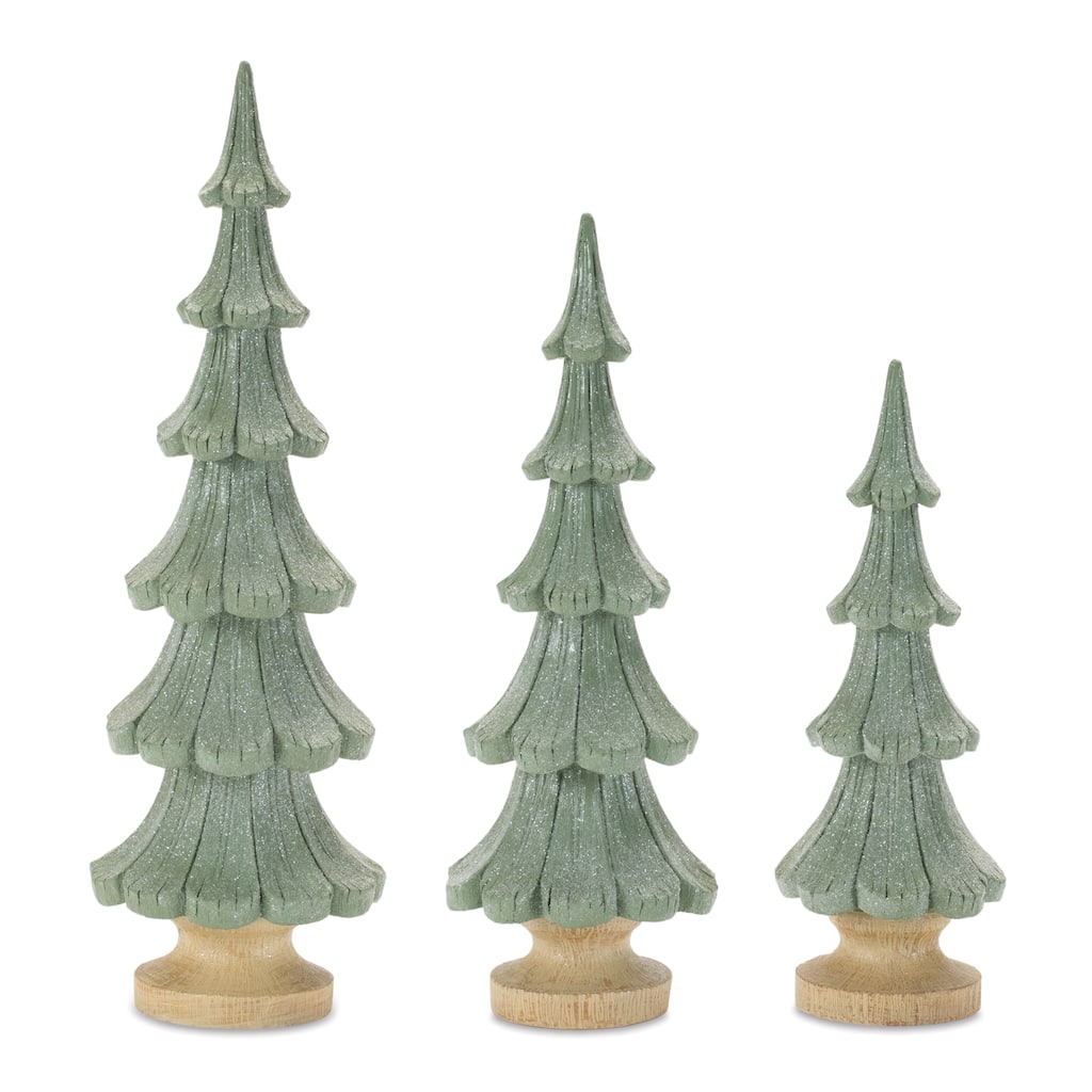 Set of 3 Holiday Trees Glittered Green Tones for Christmas Mantle Display - 3.25” x 3.25” x 9.5”