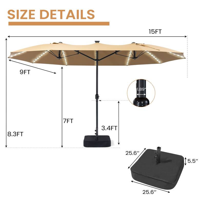 15ft Outdoor Patio Market Umbrella with Base and 144 Solar-Powered Led Lights