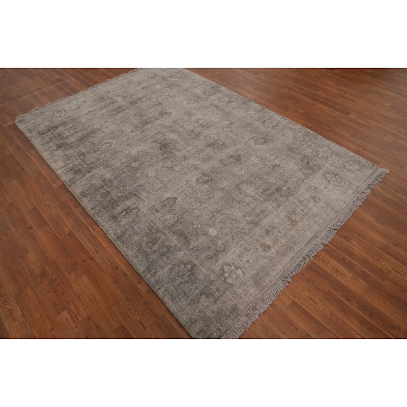 Hand-knotted Transitional Silk Carpet Grey Oushak Rug Floral Oriental Area Rug - 8' 0'' X 5' 7''
