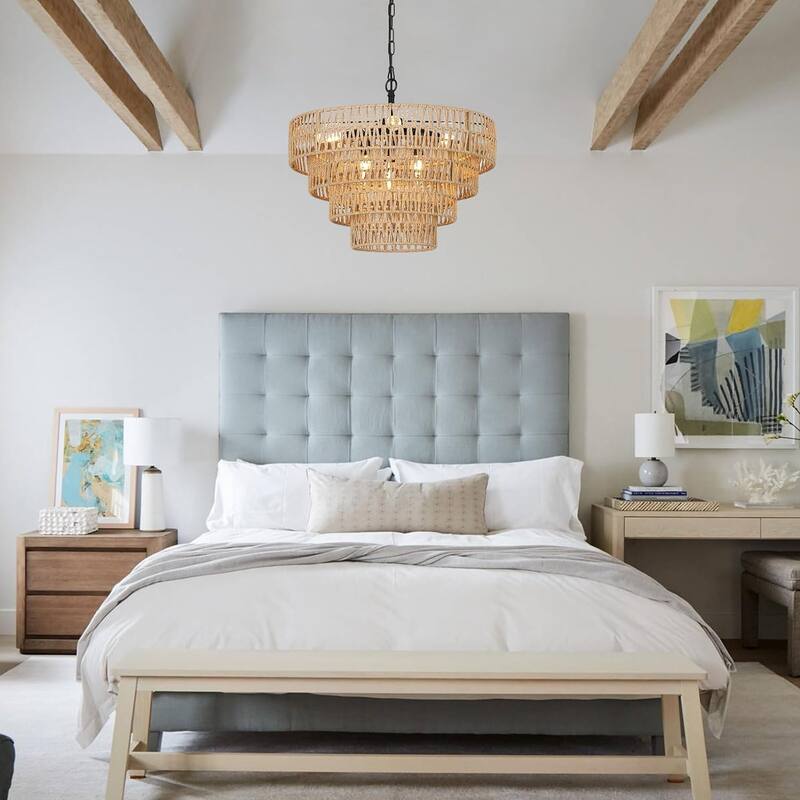 Rattan Chandelier, 6-Light Light Fixture, Wicker Pendant Lighting, 4-Tier Woven Lampshade, Large Farmhouse Chandeliers(20")
