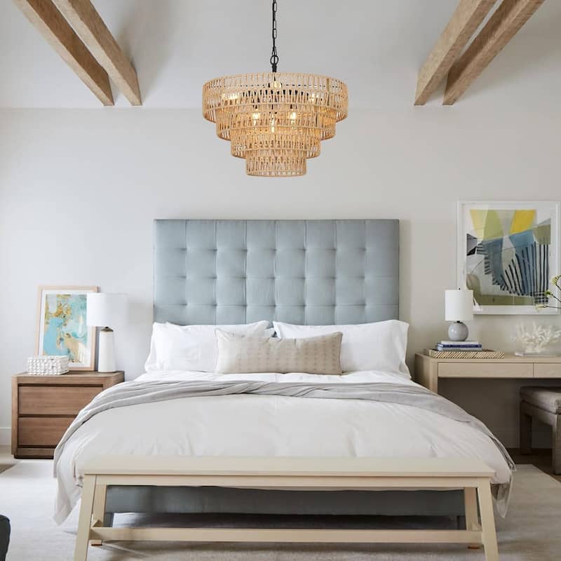 Rattan Chandelier,6-Light Light Fixture, Wicker Pendant Lighting with 4-Tier Woven Lampshade, Large Farmhouse Chandeliers(20")