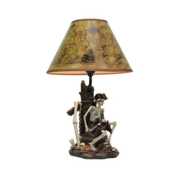 Zeckos 21 Inch Pirate Skeleton Table Lamp With Treasure Map Shade